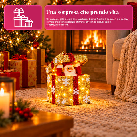 Pacco regalo luminoso con Babbo Natale musicale e animato H30 cm