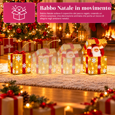 Pacco regalo luminoso con Babbo Natale musicale e animato H30 cm