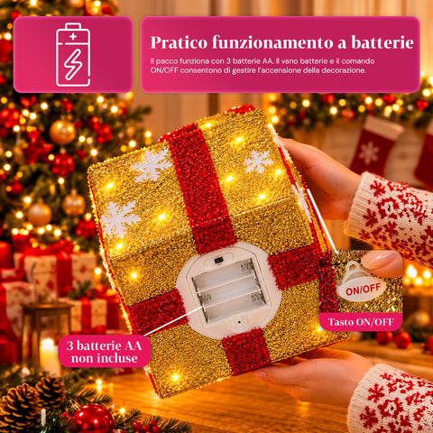 Pacco regalo luminoso con Babbo Natale musicale e animato H30 cm