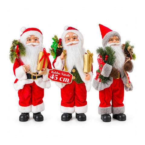 Statuina natalizia Babbo Natale e Mamma Natale h45cm, decorazione per casa, negozio e vetrine, 3 varianti assortite con rametti di pino e pigne