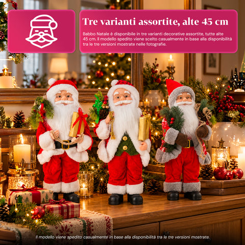 Statuina natalizia Babbo Natale e Mamma Natale h45cm, decorazione per casa, negozio e vetrine, 3 varianti assortite con rametti di pino e pigne