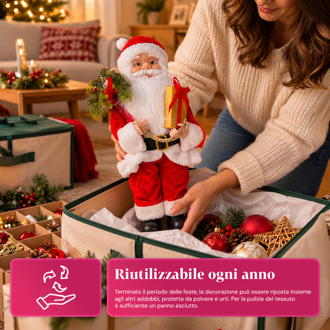 Statuina natalizia Babbo Natale e Mamma Natale h45cm, decorazione per casa, negozio e vetrine, 3 varianti assortite con rametti di pino e pigne