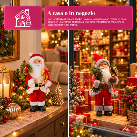 Statuina natalizia Babbo Natale e Mamma Natale h45cm, decorazione per casa, negozio e vetrine, 3 varianti assortite con rametti di pino e pigne