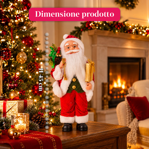 Statuina natalizia Babbo Natale e Mamma Natale h45cm, decorazione per casa, negozio e vetrine, 3 varianti assortite con rametti di pino e pigne