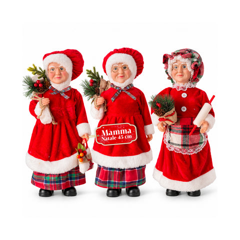 Statuina natalizia Babbo Natale e Mamma Natale h45cm, decorazione per casa, negozio e vetrine, 3 varianti assortite con rametti di pino e pigne