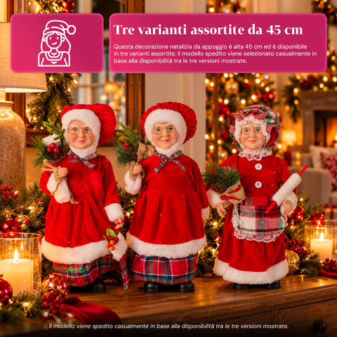 Statuina natalizia Babbo Natale e Mamma Natale h45cm, decorazione per casa, negozio e vetrine, 3 varianti assortite con rametti di pino e pigne