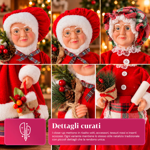 Statuina natalizia Babbo Natale e Mamma Natale h45cm, decorazione per casa, negozio e vetrine, 3 varianti assortite con rametti di pino e pigne