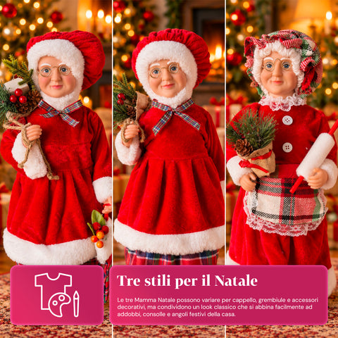 Statuina natalizia Babbo Natale e Mamma Natale h45cm, decorazione per casa, negozio e vetrine, 3 varianti assortite con rametti di pino e pigne