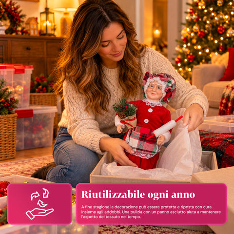 Statuina natalizia Babbo Natale e Mamma Natale h45cm, decorazione per casa, negozio e vetrine, 3 varianti assortite con rametti di pino e pigne