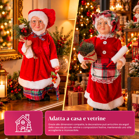 Statuina natalizia Babbo Natale e Mamma Natale h45cm, decorazione per casa, negozio e vetrine, 3 varianti assortite con rametti di pino e pigne