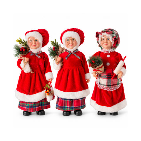 Statuina natalizia Babbo Natale e Mamma Natale h45cm, decorazione per casa, negozio e vetrine, 3 varianti assortite con rametti di pino e pigne
