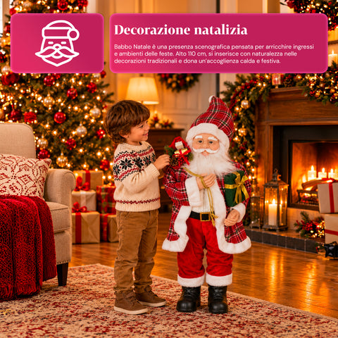 Statuina natalizia Babbo Natale e Mamma Natale h110cm, decorazione per casa, negozio e vetrine, 2 varianti selezionabili con rametti di pino e pigne