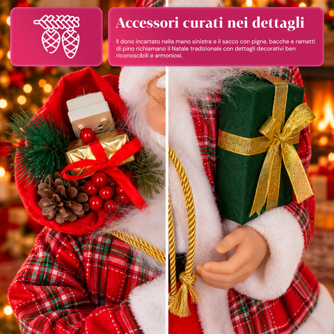 Statuina natalizia Babbo Natale e Mamma Natale h110cm, decorazione per casa, negozio e vetrine, 2 varianti selezionabili con rametti di pino e pigne