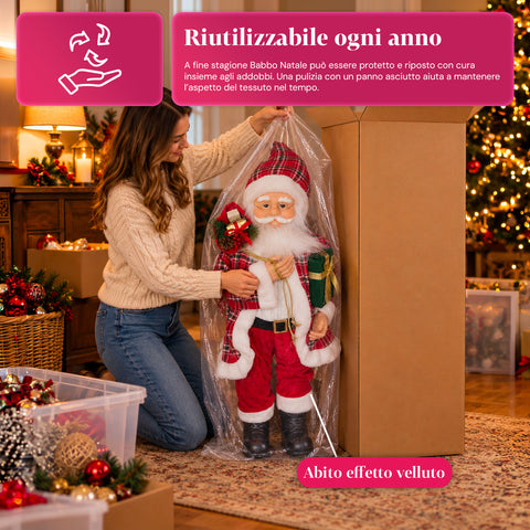 Statuina natalizia Babbo Natale e Mamma Natale h110cm, decorazione per casa, negozio e vetrine, 2 varianti selezionabili con rametti di pino e pigne