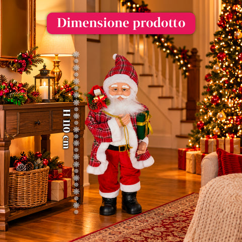 Statuina natalizia Babbo Natale e Mamma Natale h110cm, decorazione per casa, negozio e vetrine, 2 varianti selezionabili con rametti di pino e pigne