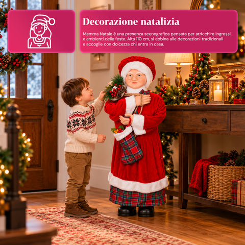 Statuina natalizia Babbo Natale e Mamma Natale h110cm, decorazione per casa, negozio e vetrine, 2 varianti selezionabili con rametti di pino e pigne