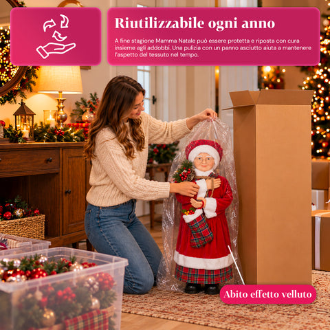 Statuina natalizia Babbo Natale e Mamma Natale h110cm, decorazione per casa, negozio e vetrine, 2 varianti selezionabili con rametti di pino e pigne