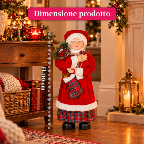 Statuina natalizia Babbo Natale e Mamma Natale h110cm, decorazione per casa, negozio e vetrine, 2 varianti selezionabili con rametti di pino e pigne