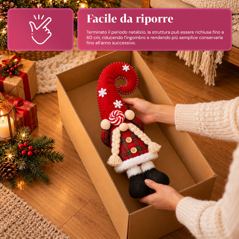 Gnomo di Natale Estensibile 60-80 cm, Soprammobile in Tessuto Tartan