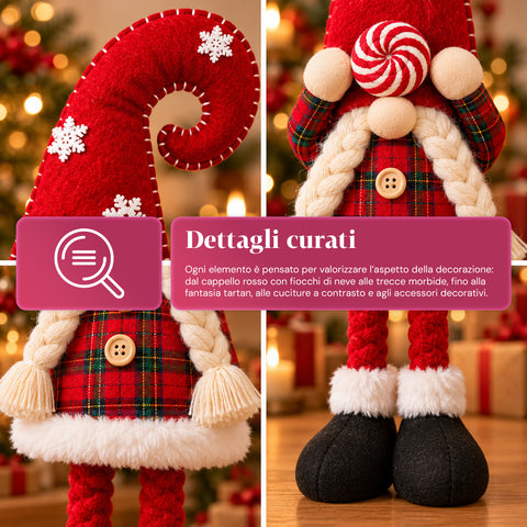 Gnomo di Natale Estensibile 60-80 cm, Soprammobile in Tessuto Tartan