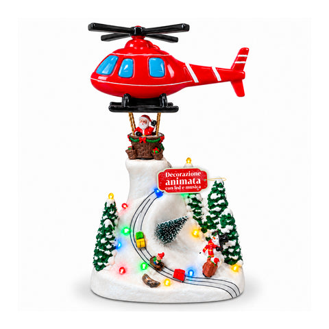 Paesaggio Natalizio con Babbo Natale in Volo, Luci LED e Musica