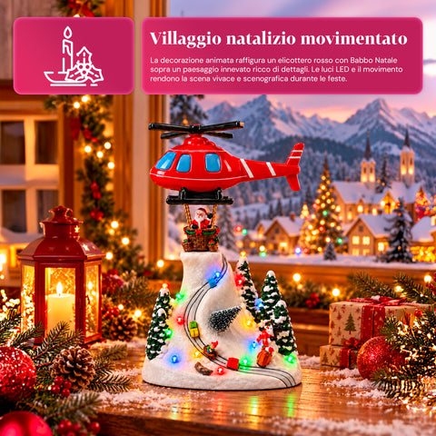 Paesaggio Natalizio con Babbo Natale in Volo, Luci LED e Musica