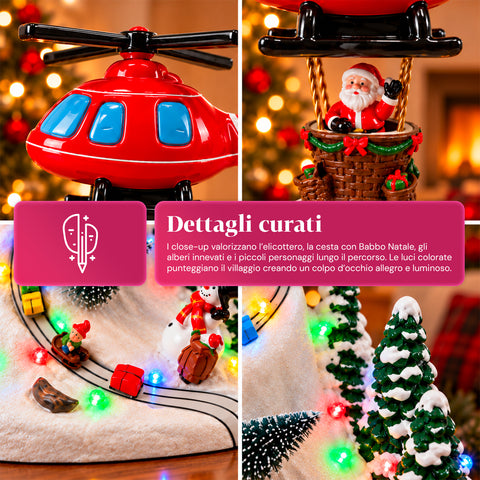 Paesaggio Natalizio con Babbo Natale in Volo, Luci LED e Musica