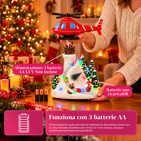 Paesaggio Natalizio con Babbo Natale in Volo, Luci LED e Musica