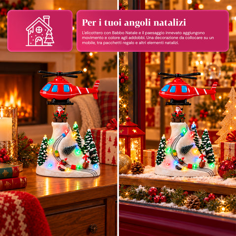 Paesaggio Natalizio con Babbo Natale in Volo, Luci LED e Musica