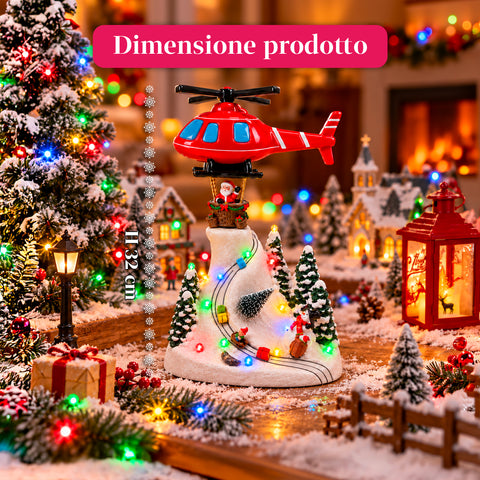 Paesaggio Natalizio con Babbo Natale in Volo, Luci LED e Musica