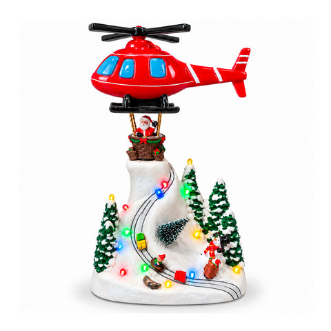 Paesaggio Natalizio con Babbo Natale in Volo, Luci LED e Musica