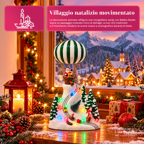 Paesaggio Natalizio con Babbo Natale in Volo, Luci LED e Musica