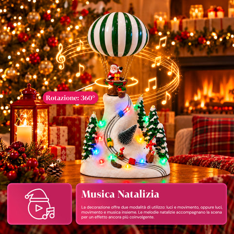 Paesaggio Natalizio con Babbo Natale in Volo, Luci LED e Musica