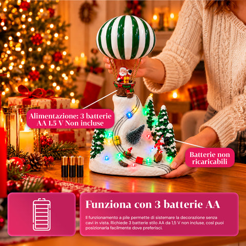 Paesaggio Natalizio con Babbo Natale in Volo, Luci LED e Musica