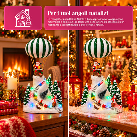 Paesaggio Natalizio con Babbo Natale in Volo, Luci LED e Musica