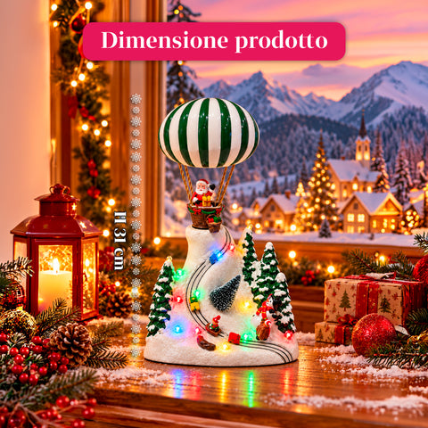 Paesaggio Natalizio con Babbo Natale in Volo, Luci LED e Musica