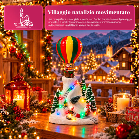 Paesaggio Natalizio con Babbo Natale in Volo, Luci LED e Musica