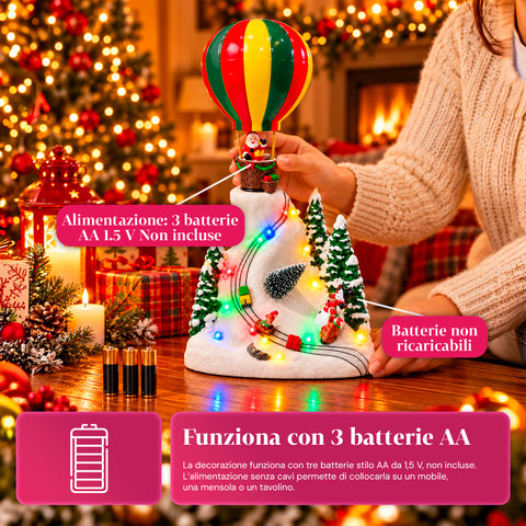 Paesaggio Natalizio con Babbo Natale in Volo, Luci LED e Musica