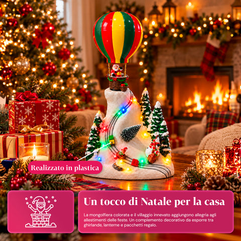 Paesaggio Natalizio con Babbo Natale in Volo, Luci LED e Musica