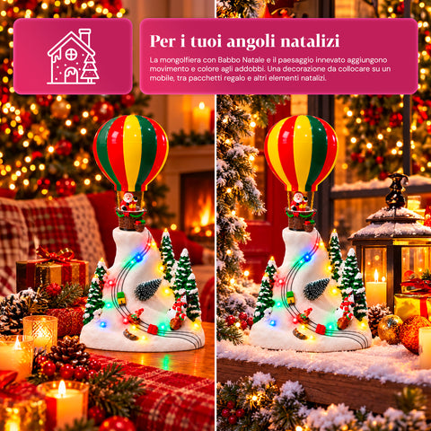 Paesaggio Natalizio con Babbo Natale in Volo, Luci LED e Musica