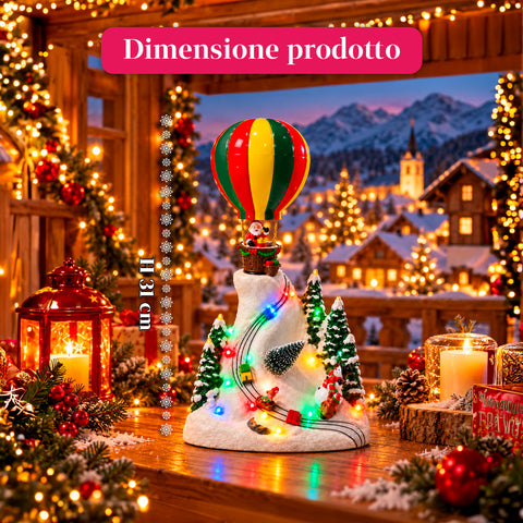Paesaggio Natalizio con Babbo Natale in Volo, Luci LED e Musica