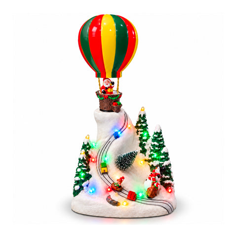 Paesaggio Natalizio con Babbo Natale in Volo, Luci LED e Musica