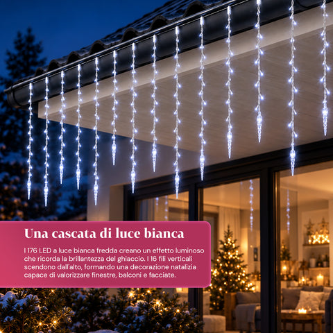 Tenda Luminosa Natalizia Ghiaccioli 176 LED Bianco Freddo 225x140 cm