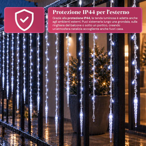Tenda Luminosa Natalizia Ghiaccioli 176 LED Bianco Freddo 225x140 cm