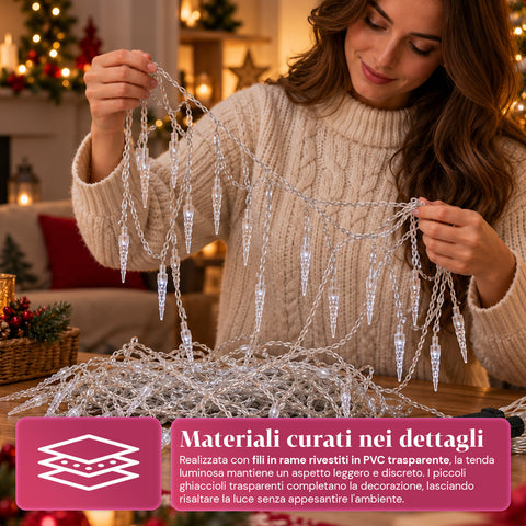 Tenda Luminosa Natalizia Ghiaccioli 176 LED Bianco Freddo 225x140 cm