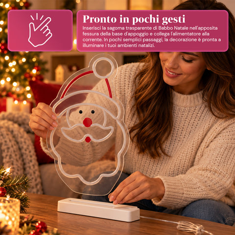 Babbo Natale Luminoso Neon LED 25x40 cm, Luce Rossa e Bianca