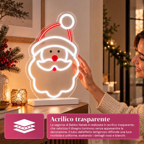 Babbo Natale Luminoso Neon LED 25x40 cm, Luce Rossa e Bianca