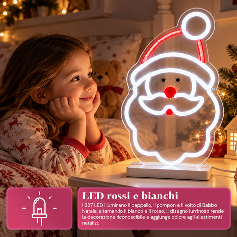 Babbo Natale Luminoso Neon LED 25x40 cm, Luce Rossa e Bianca