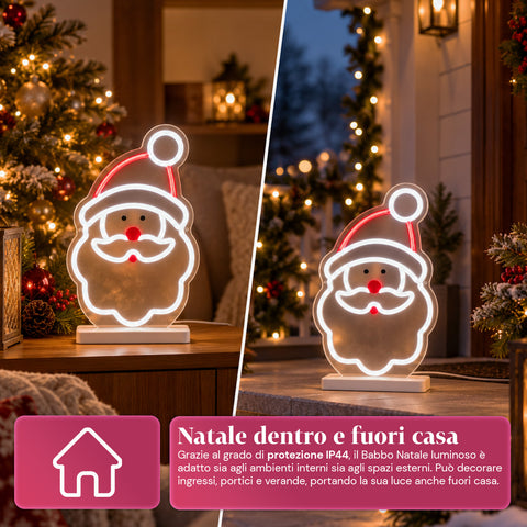 Babbo Natale Luminoso Neon LED 25x40 cm, Luce Rossa e Bianca