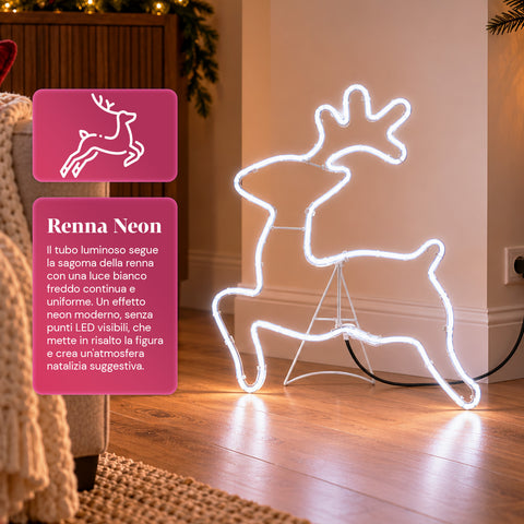 Renna Luminosa Neon LED 65x58 cm Bianco Freddo, Interno ed Esterno